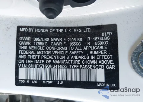 2017 Honda Civic Sport Touring from USA, damaged, VIN SHHFK7H93HU414823